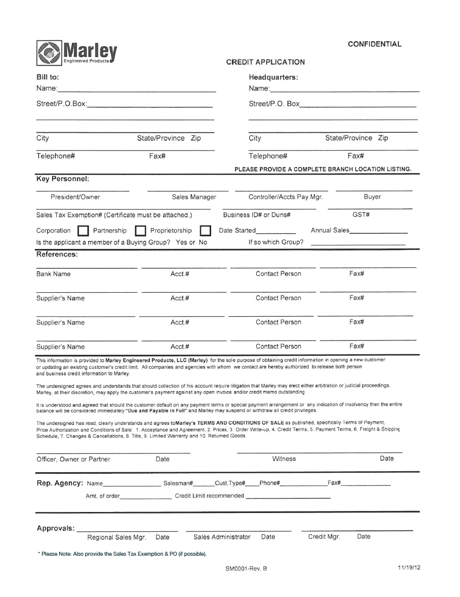 Berko New Account Set Up Forms - Marley Engineered Products