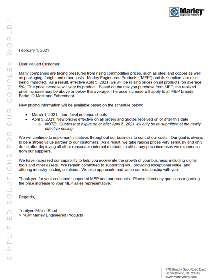 Berko 2021 Pricing Increase Notice